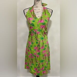🍂 Key West Lime Green and Hot Pink Palm tree Halter Sundress NWT